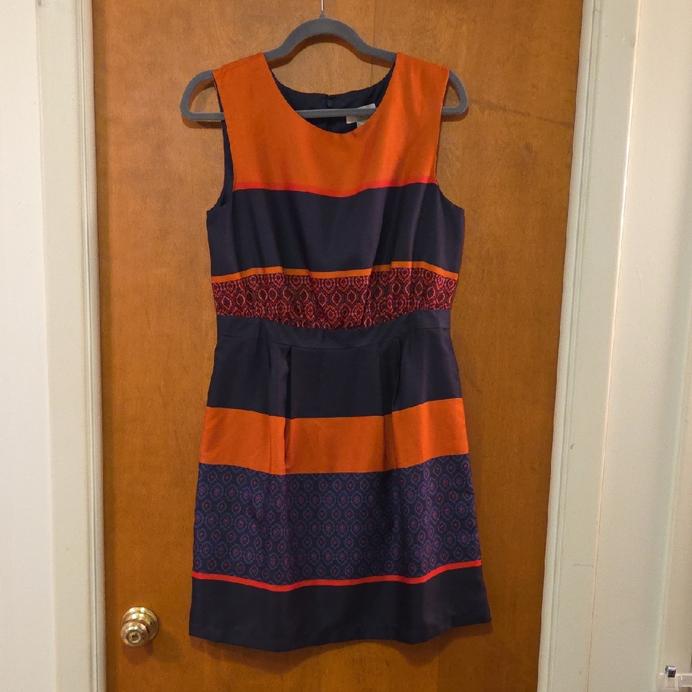 LOFT Orange and Navy Patterned Dress 6